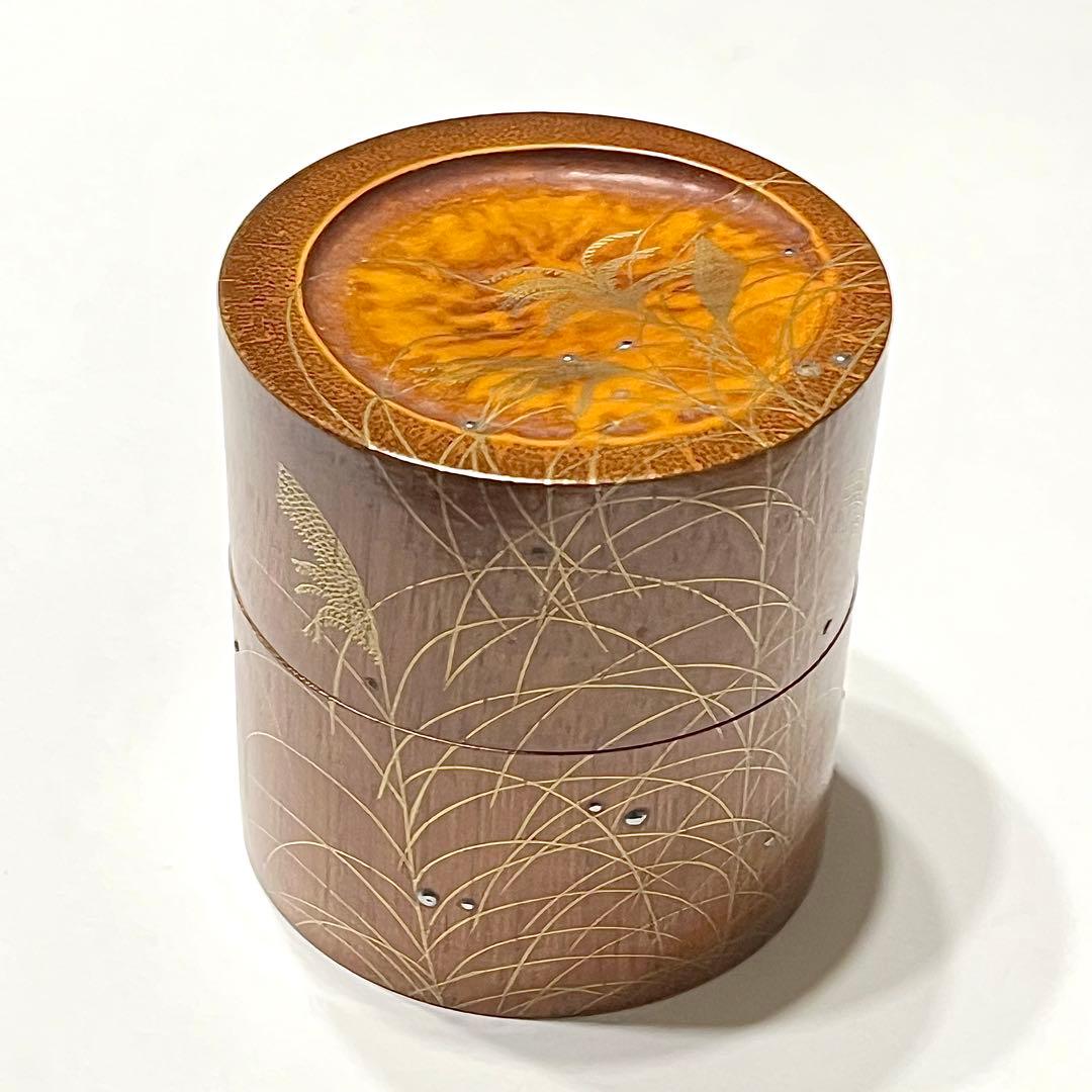 ●哲山作●秋草蒔絵●竹中次●利休棗●露粒●棗●茶道●薄●芒●ススキ●骨董