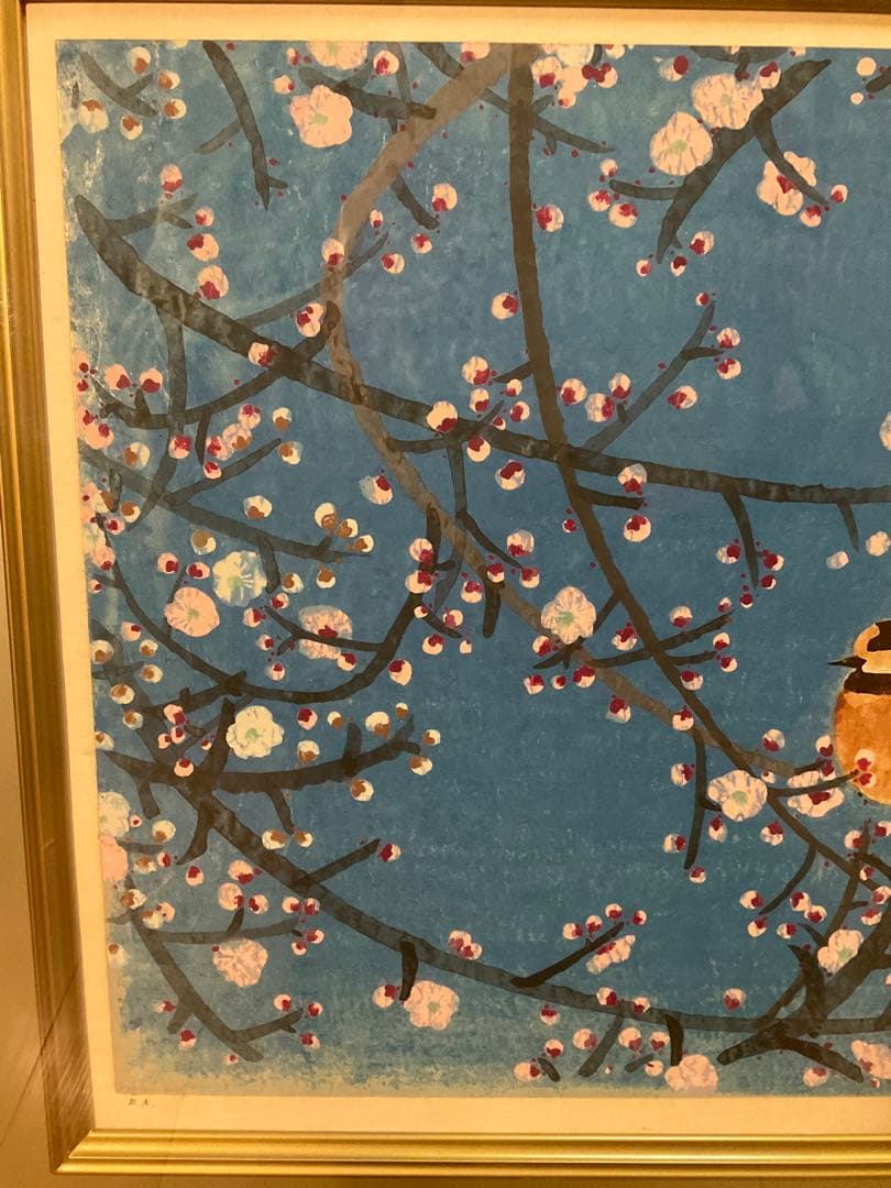 前田青邨「紅白梅に山雀」シルクスクリーン　落款・エディション・作品証明シール有り