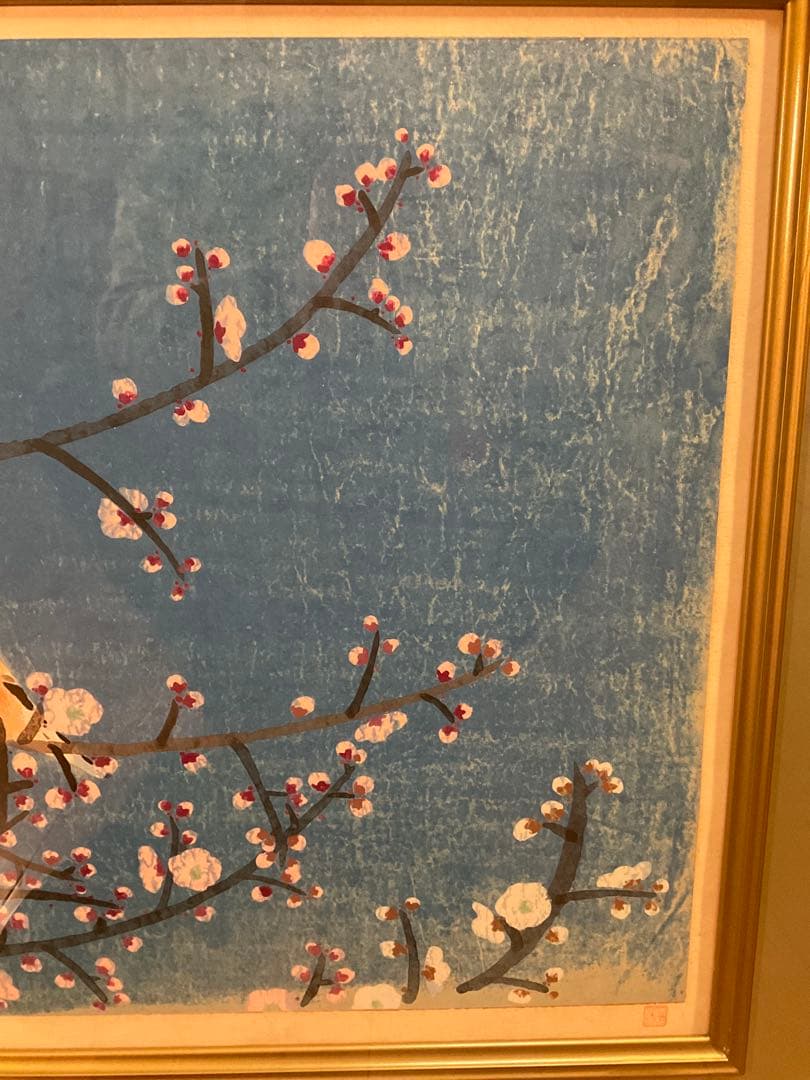 前田青邨「紅白梅に山雀」シルクスクリーン　落款・エディション・作品証明シール有り