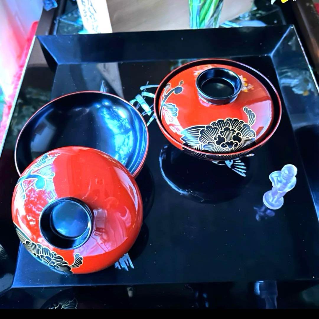 2177様感謝‼️緋牡丹お竜JAPAN 輪島蒔絵牡丹洗朱❌黒独楽吸物椀5客