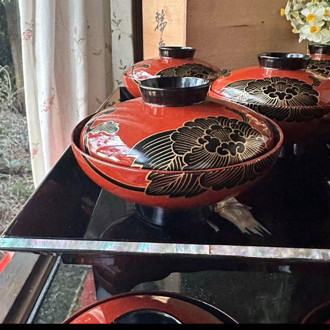 2177様感謝‼️緋牡丹お竜JAPAN 輪島蒔絵牡丹洗朱❌黒独楽吸物椀5客