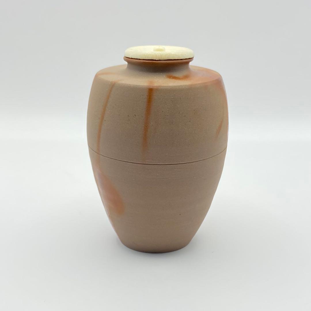 肩衝茶入 備前焼 火襷　木村陶峰　共箱入　茶道具　濃茶器　仕覆:唐松緞子　古美術