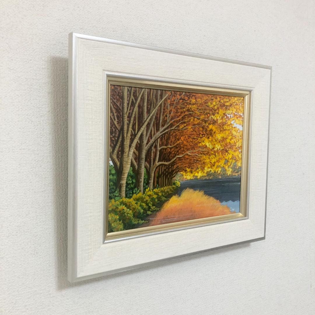 アクリル画　原画　「秋の湖畔」額縁付　F3サイズ　キャンバス　風景画