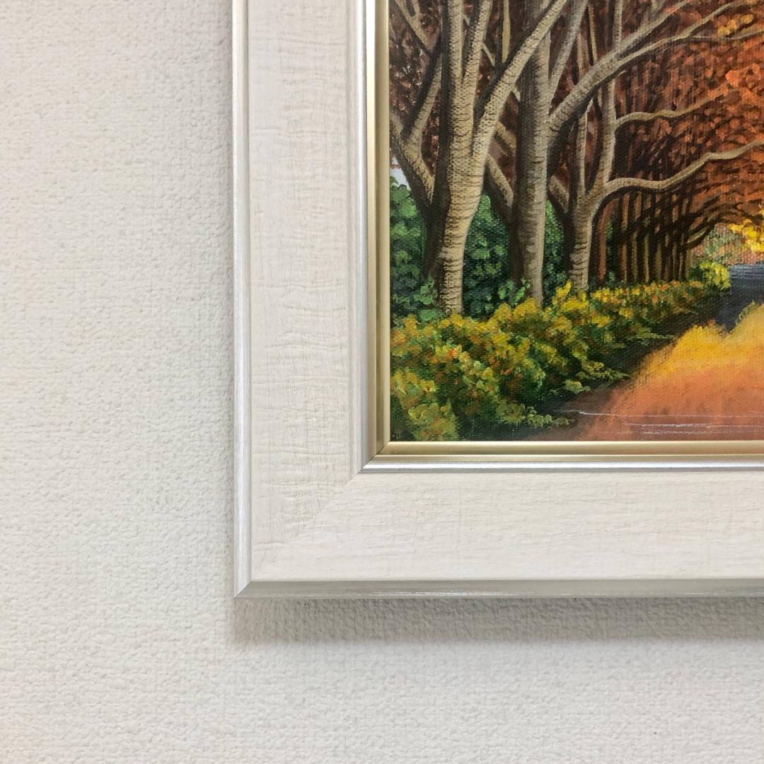 アクリル画　原画　「秋の湖畔」額縁付　F3サイズ　キャンバス　風景画