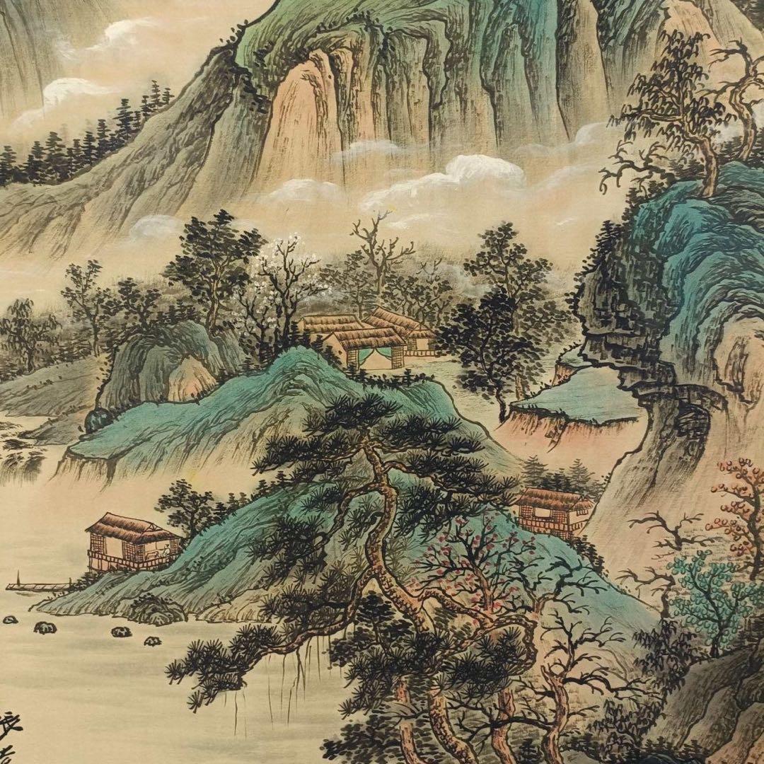 中国画 張大千「青峰雲天」三尺中堂 掛軸 防偽標識付き 約77×175cm