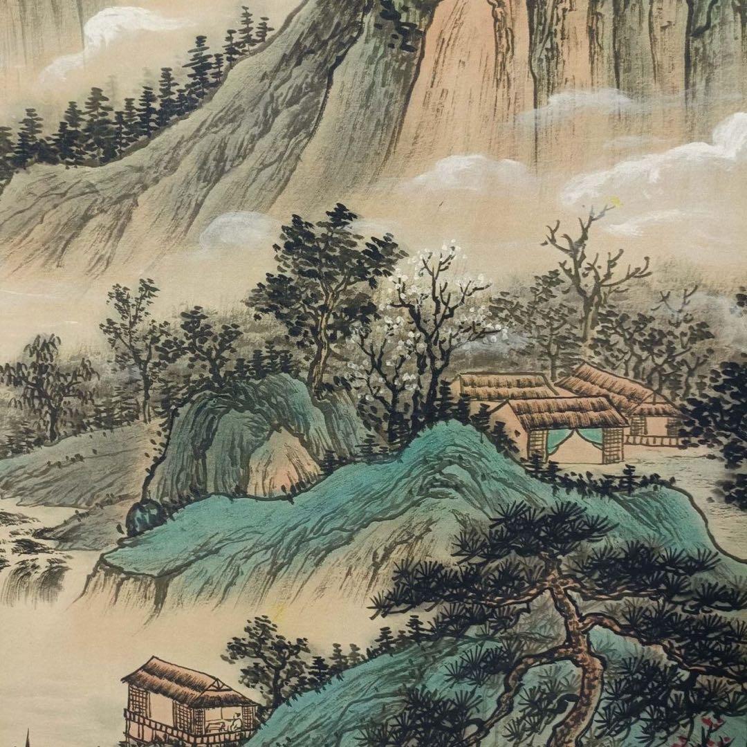 中国画 張大千「青峰雲天」三尺中堂 掛軸 防偽標識付き 約77×175cm