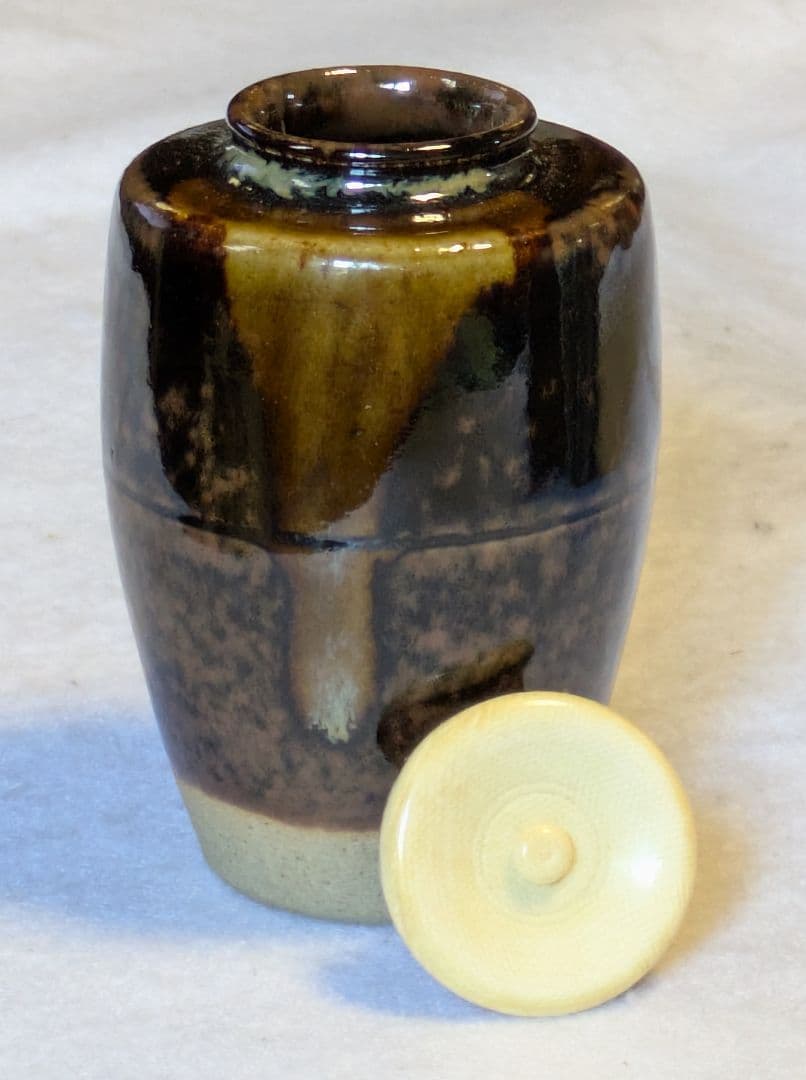 茶入 膳所焼 陽炎園 淡海 せせ 伊予すだれ金襴仕覆付き 共箱