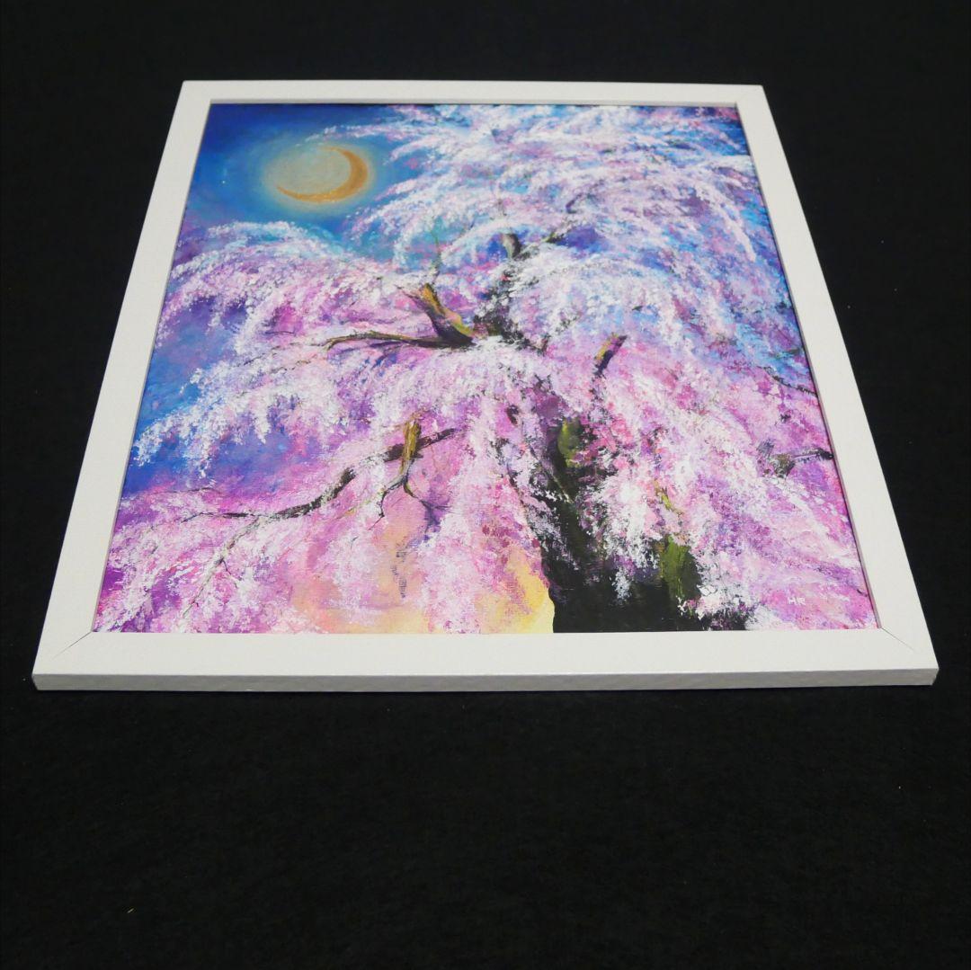 油絵 絵画 【夜桜の三日月】