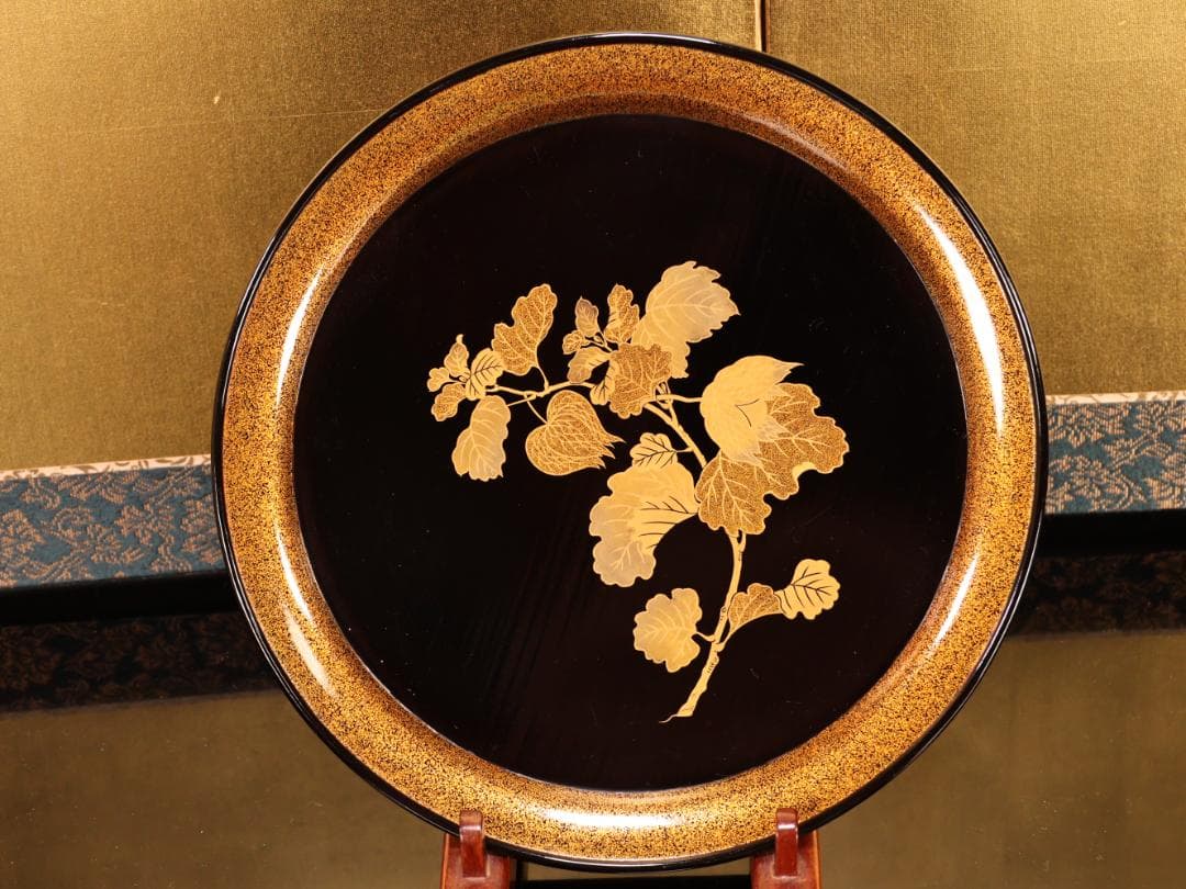 BJ417 時代輪島塗 図替草花金蒔絵 四客 吸物盆 菓子盆 丸盆 大聖寺 梨地