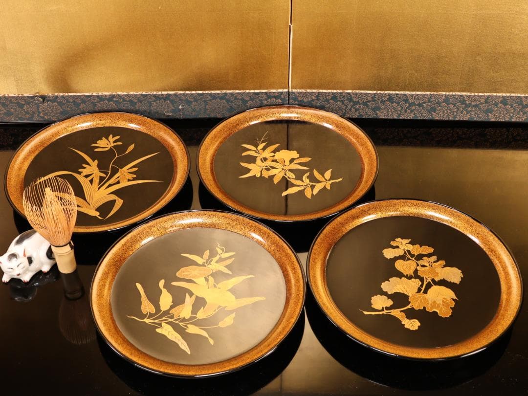 BJ417 時代輪島塗 図替草花金蒔絵 四客 吸物盆 菓子盆 丸盆 大聖寺 梨地