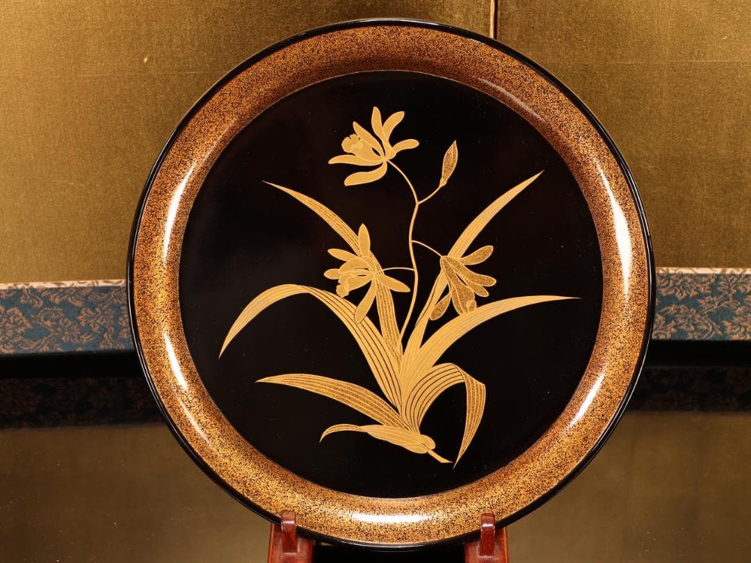 BJ417 時代輪島塗 図替草花金蒔絵 四客 吸物盆 菓子盆 丸盆 大聖寺 梨地