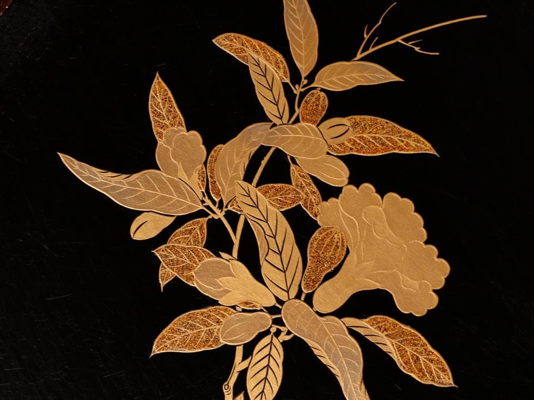 BJ417 時代輪島塗 図替草花金蒔絵 四客 吸物盆 菓子盆 丸盆 大聖寺 梨地