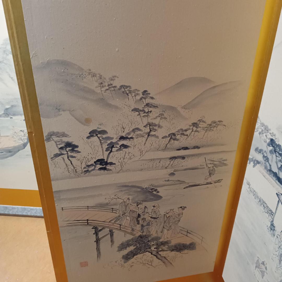 江戸時代風俗図　水墨画＆金屏風セット(175x60cm)X六曲X３枚