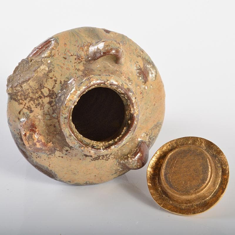 瀬戸焼　古瀬戸　耳付茶入　萬代屋緞子仕覆付　八代一叟宗守極め箱　D　R6241B