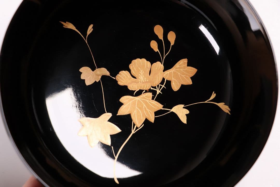 CL31 輪島塗 諫鼓鶏金蒔絵 黒塗椀 二客 木製漆器 鶏 太鼓 草花 梨地