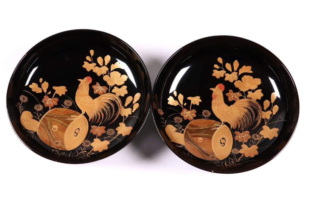 CL31 輪島塗 諫鼓鶏金蒔絵 黒塗椀 二客 木製漆器 鶏 太鼓 草花 梨地