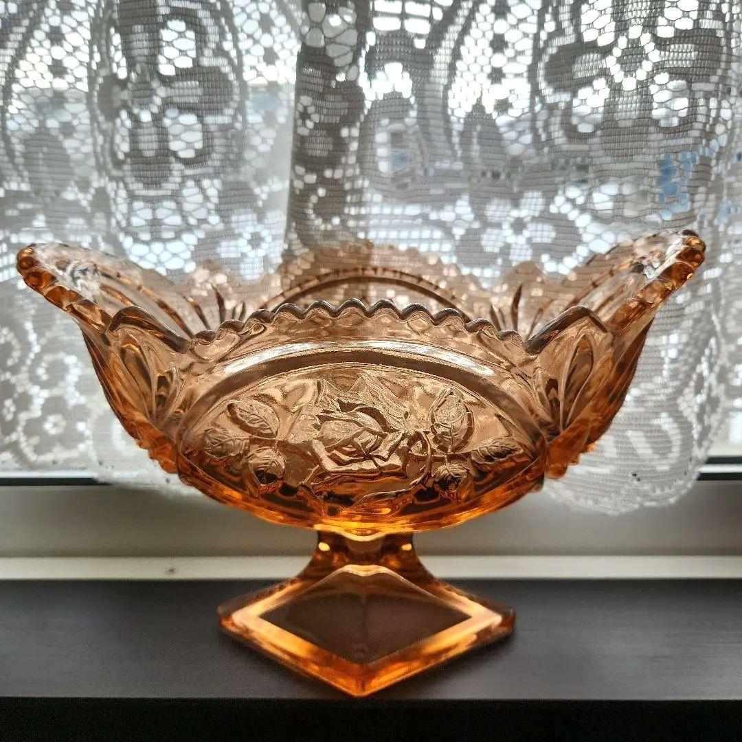 ピンクアンバー　薔薇のコンポート　フラワーベース