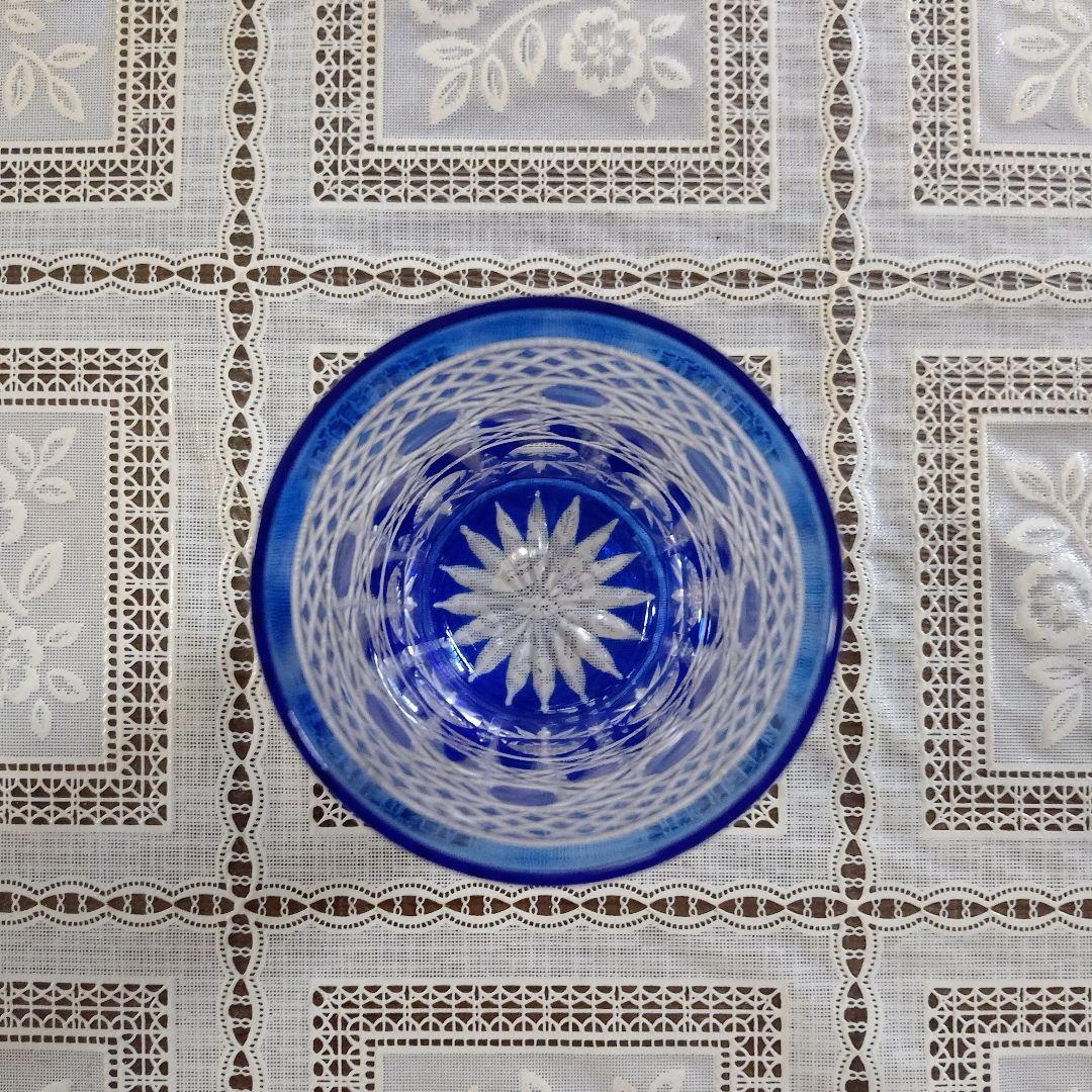 \"未使用\" ヤマザキガラス　薩摩切子　藍色　矢来、籠目　菊透かし紋　水割りグラス