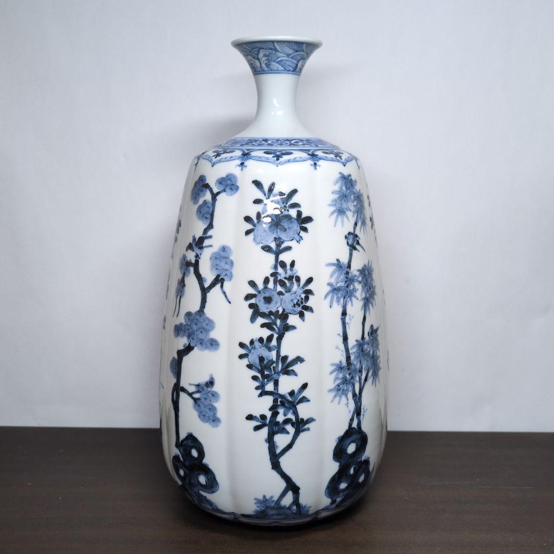 山本長左 作 九谷焼 青華 吉祥樹花紋 花瓶 「雅(みやび)」高さ約37cm