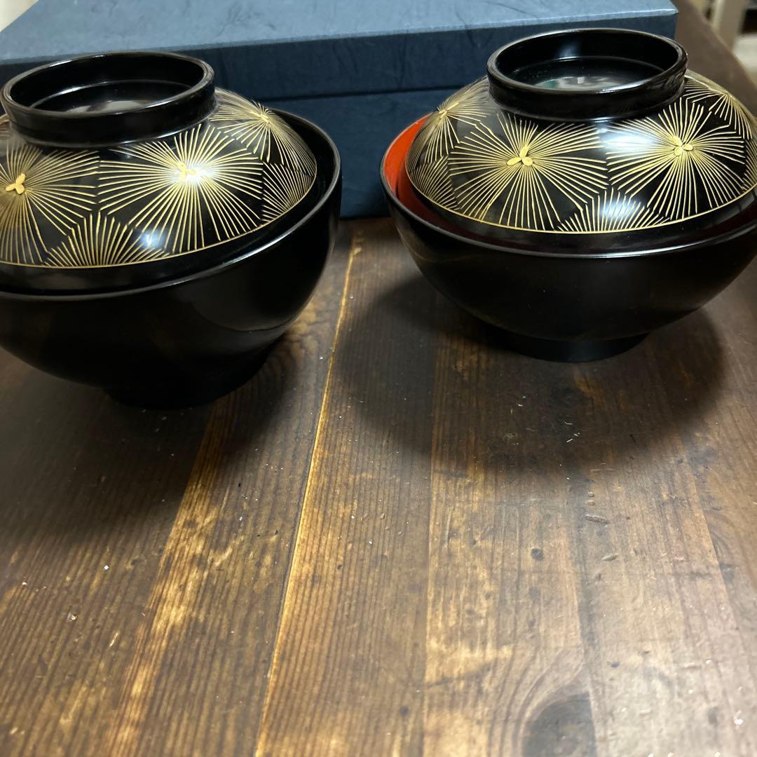 輪島塗　高級漆器　黒塗沈金亀甲松文　濱崎重男　浜崎重男　夫婦椀　伝統工芸品　希少