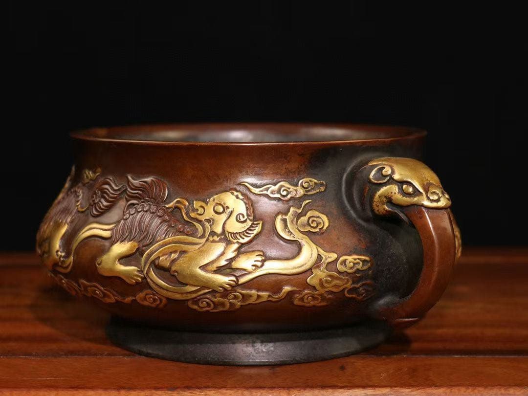 旧家珍蔵 大明宣徳紫銅純銅製塗真金 財獅子香炉 供養 文化財　時代物　開運厄除け