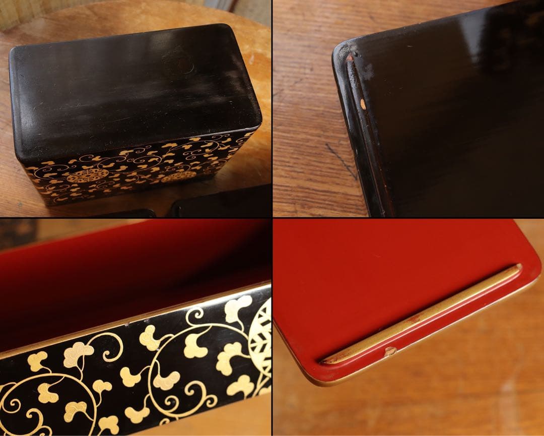 井上鷹の羽家紋　野弁当一式　時代漆芸　漆塗　金蒔絵　唐草　木製　提重