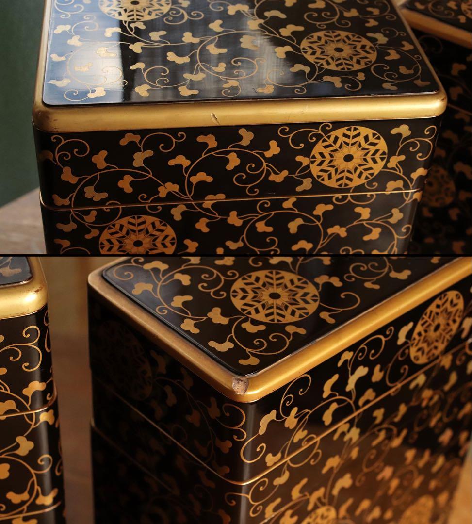 井上鷹の羽家紋　野弁当一式　時代漆芸　漆塗　金蒔絵　唐草　木製　提重