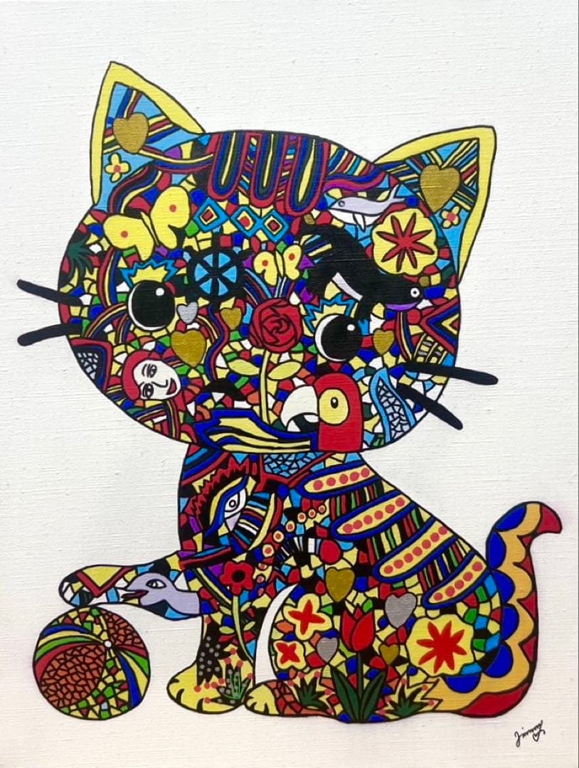 SALE【F6号】ジミー大西 （ネコ）手描き/表裏サイン有/油彩/アクリル/絵画