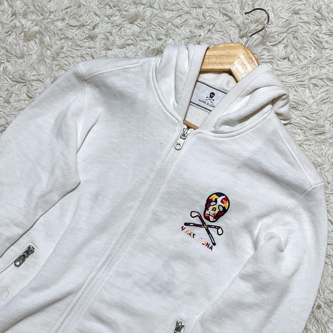 現行 MARK & LONA ホワイトパーカー フーディー S ドクロ