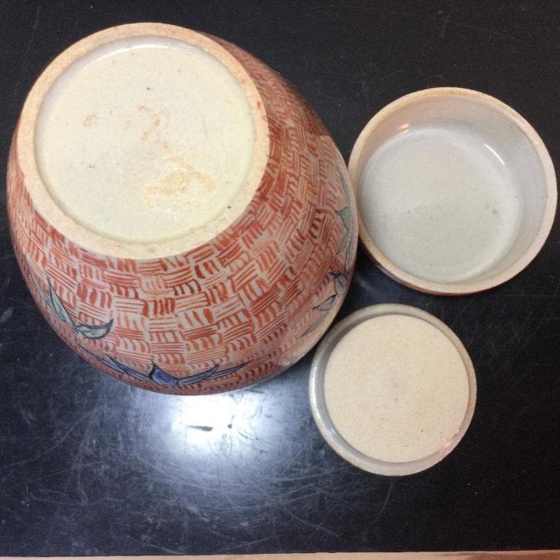 陶芸　手作り陶器　茶壺、赤絵竹図柄