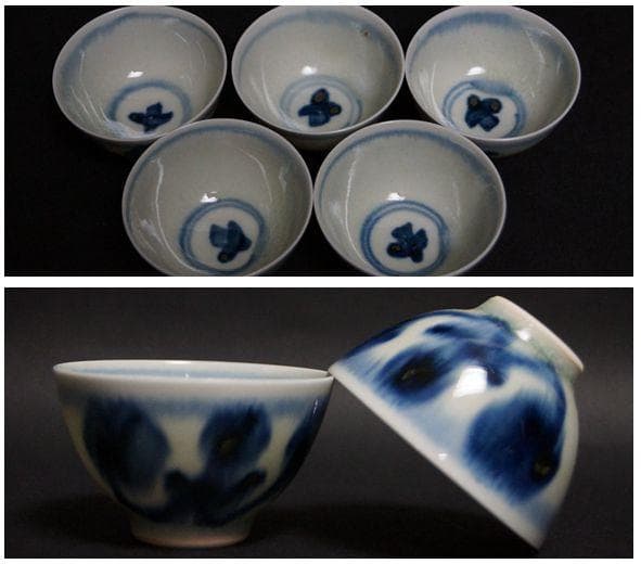 煎茶道具 古染付『鳥花図』煎茶碗五客セット/ 煎茶道具☆時代物☆4D0302