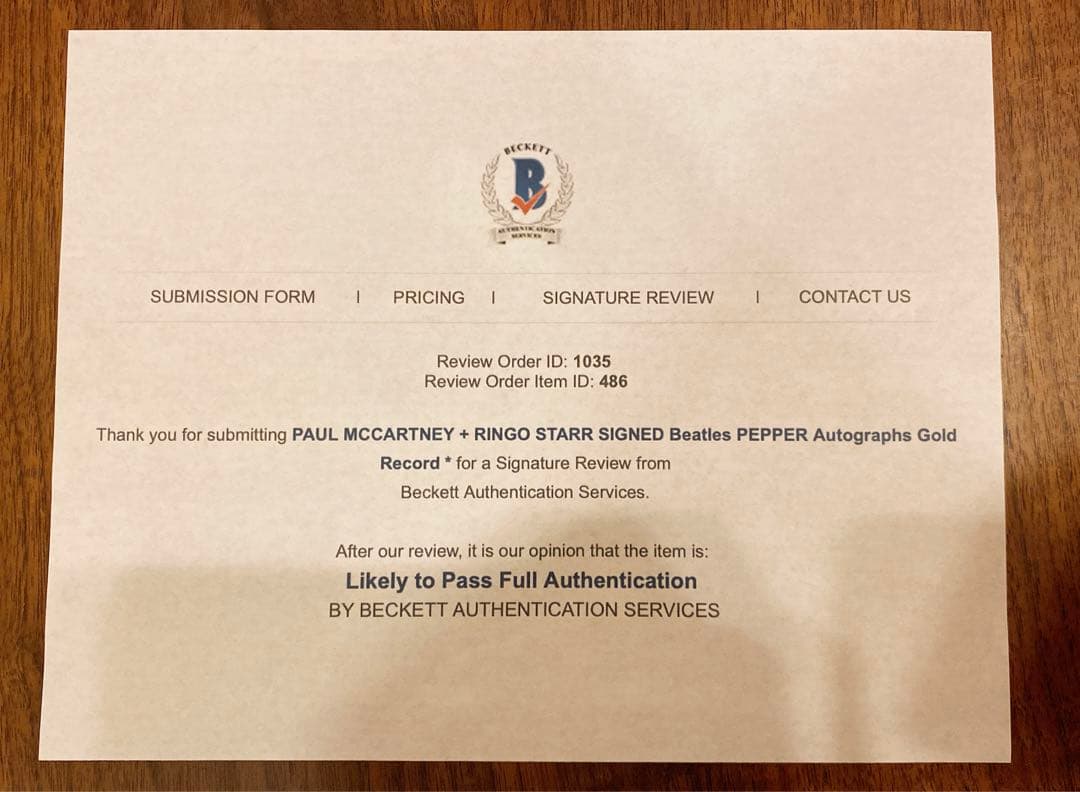 ビートルズ  ポール・マッカートニー＆リンゴ・スター直筆サイン入り　鑑定書付