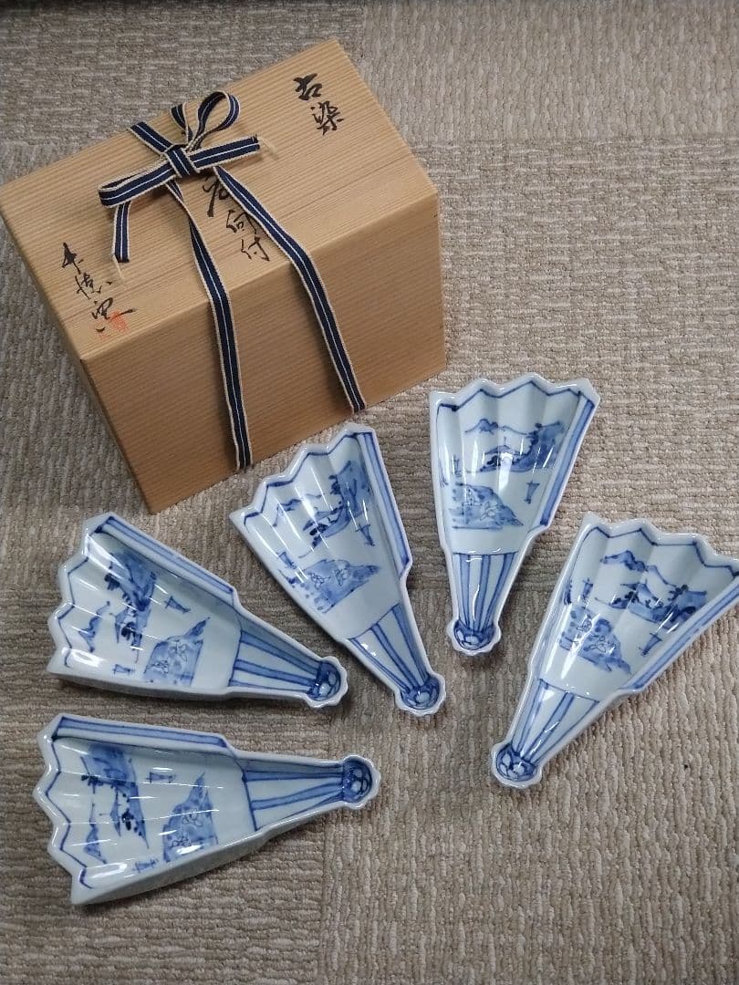 和食器　半開扇皿　末広向付　古染付　五客　共箱