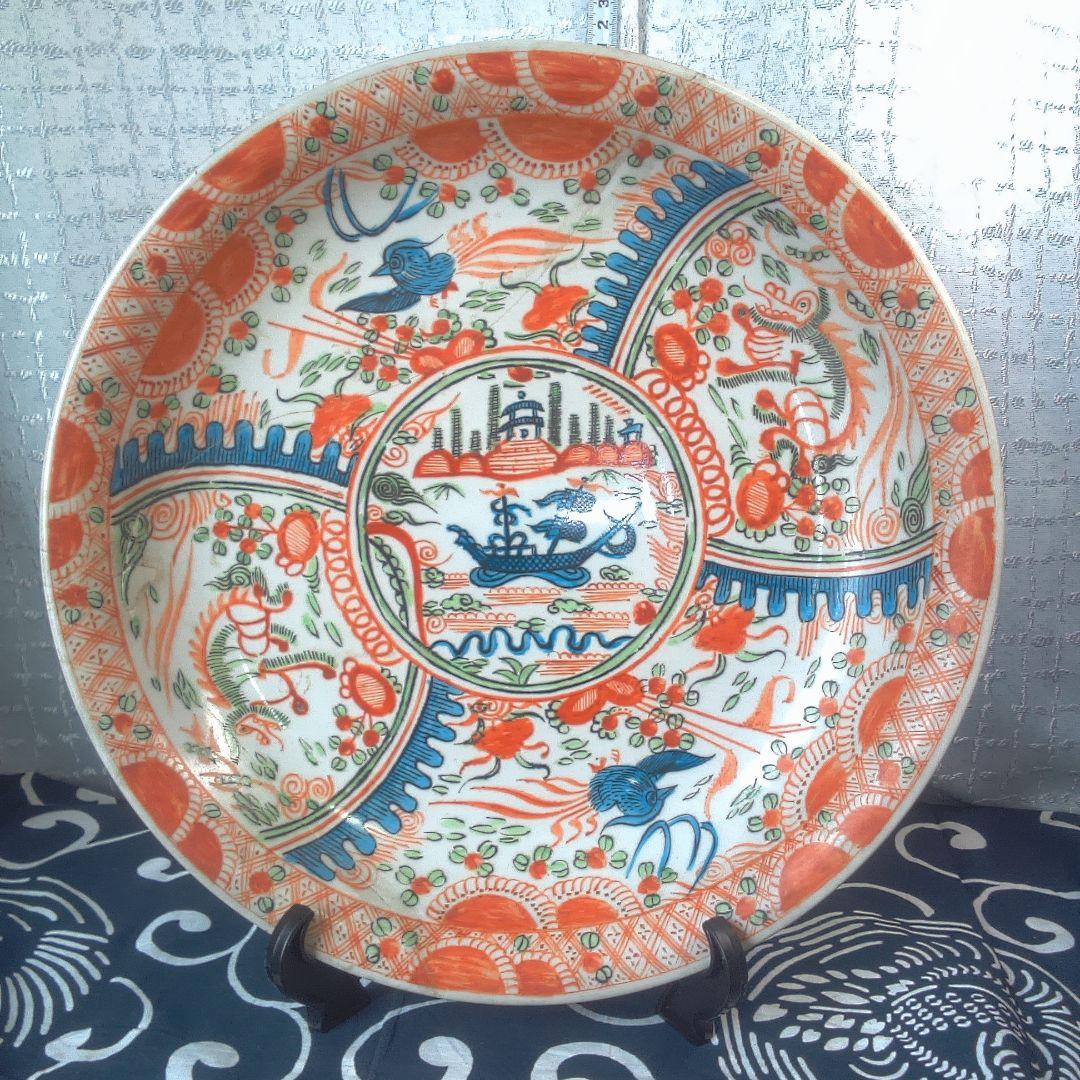 骨董６ 中国？ ひび直しあります注意多色花模様の陶器皿