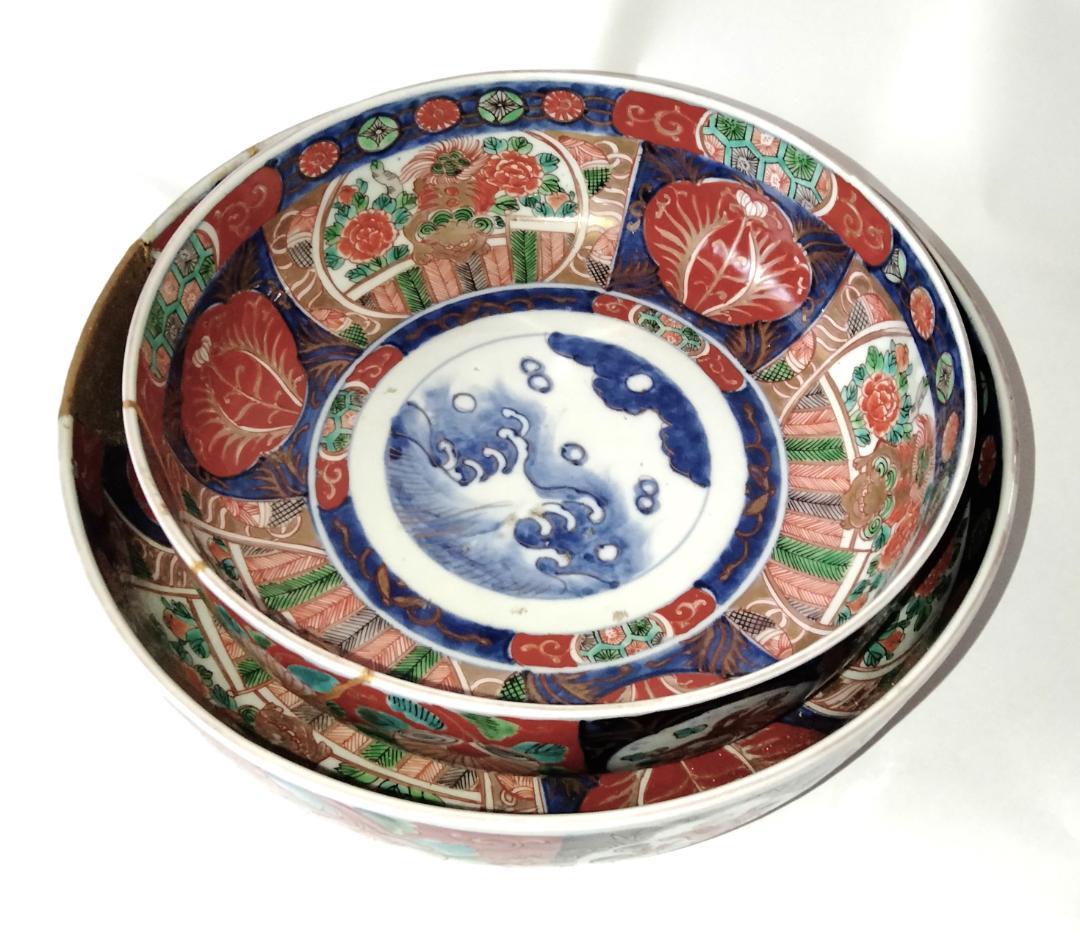 陶器 大深鉢(小) 荒波に獅子・牡丹・鳳凰 色絵 二重鉢揃い Ab-319