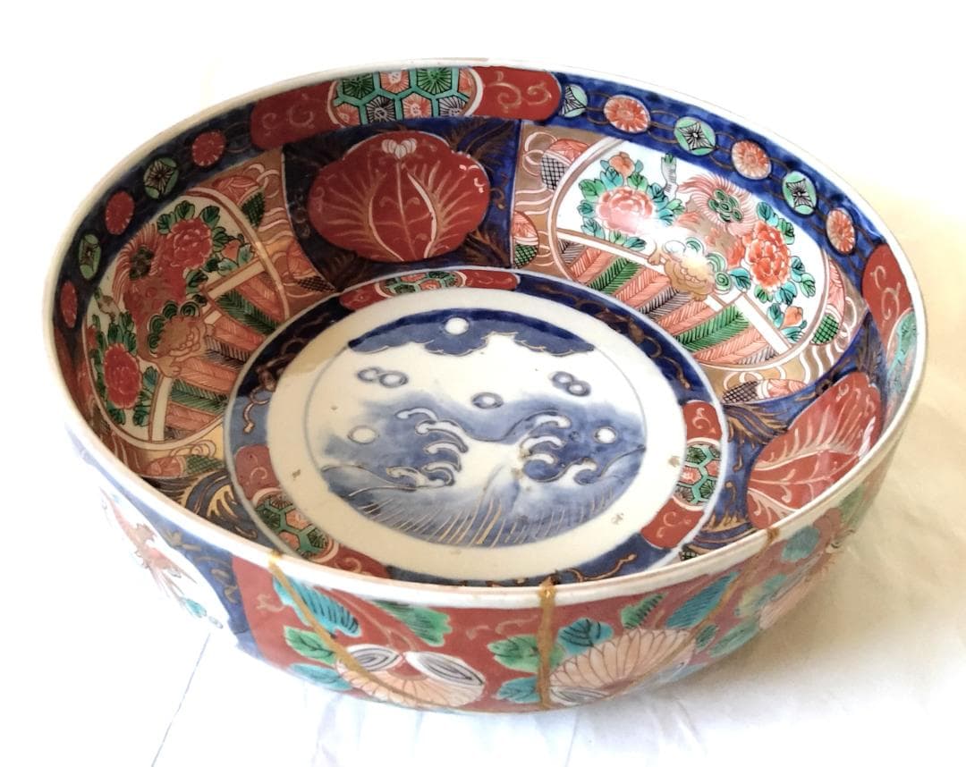 陶器 大深鉢(小) 荒波に獅子・牡丹・鳳凰 色絵 二重鉢揃い Ab-319