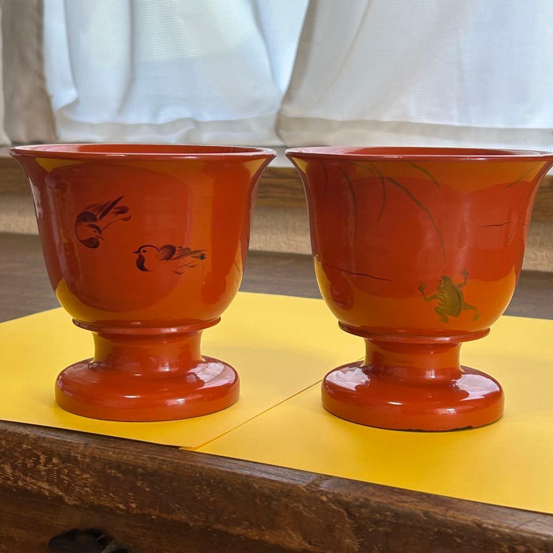 明治期 盃洗 蛙と水鳥図柄 2個セット