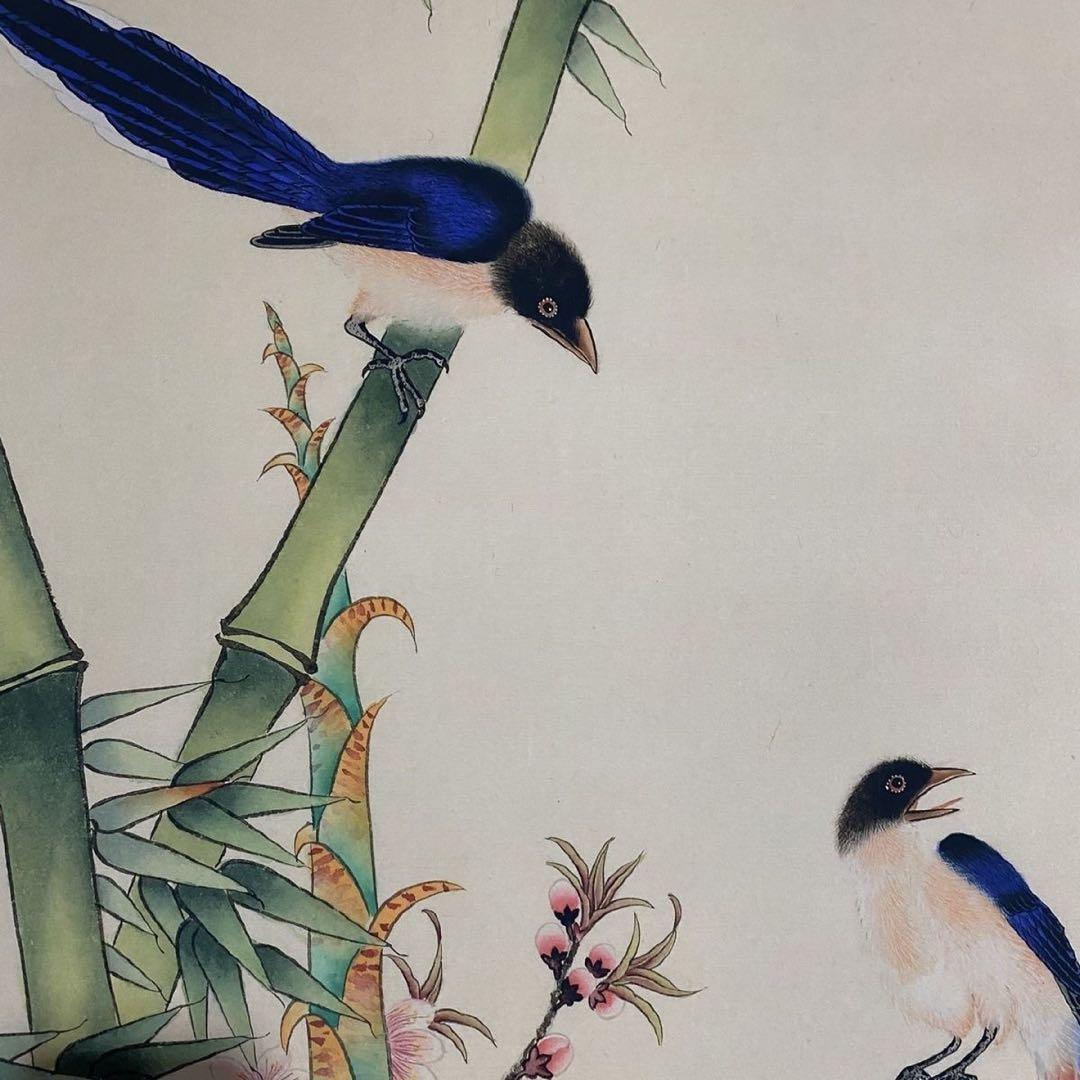 四尺 中堂 花鳥画 青竹綬帯図 唐寅風 宣紙 表装済み 防伪証明書付