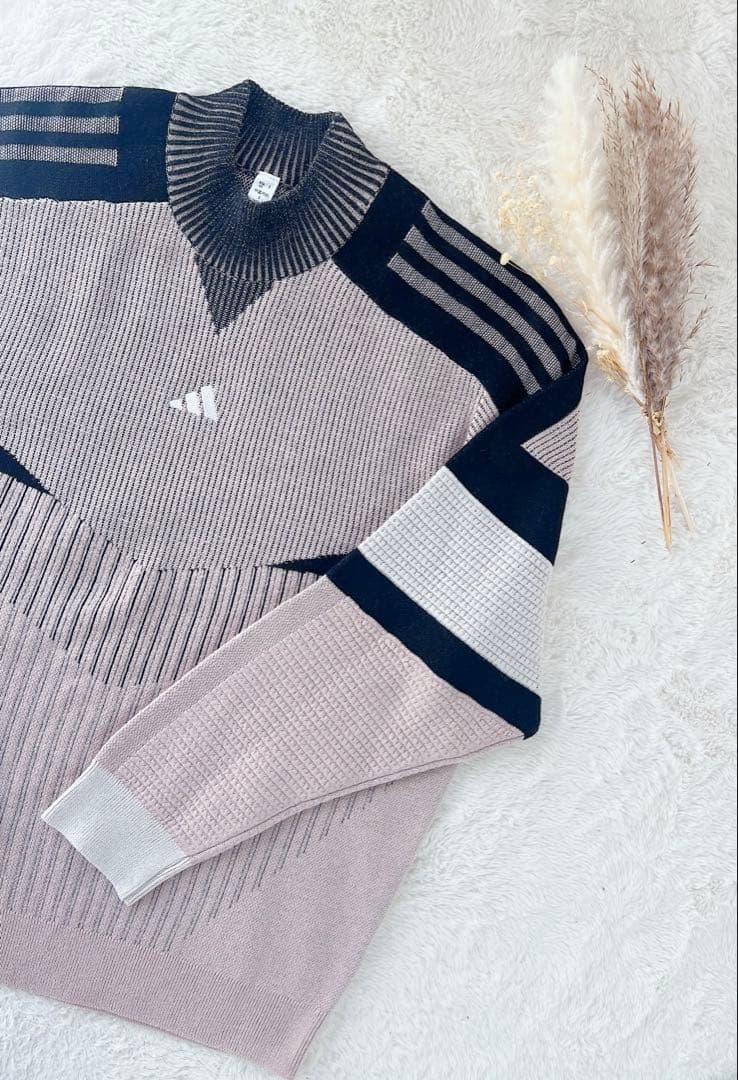 adidas アディダスニットセットアップ 長袖 ロゴ入りピンクベージュブラック