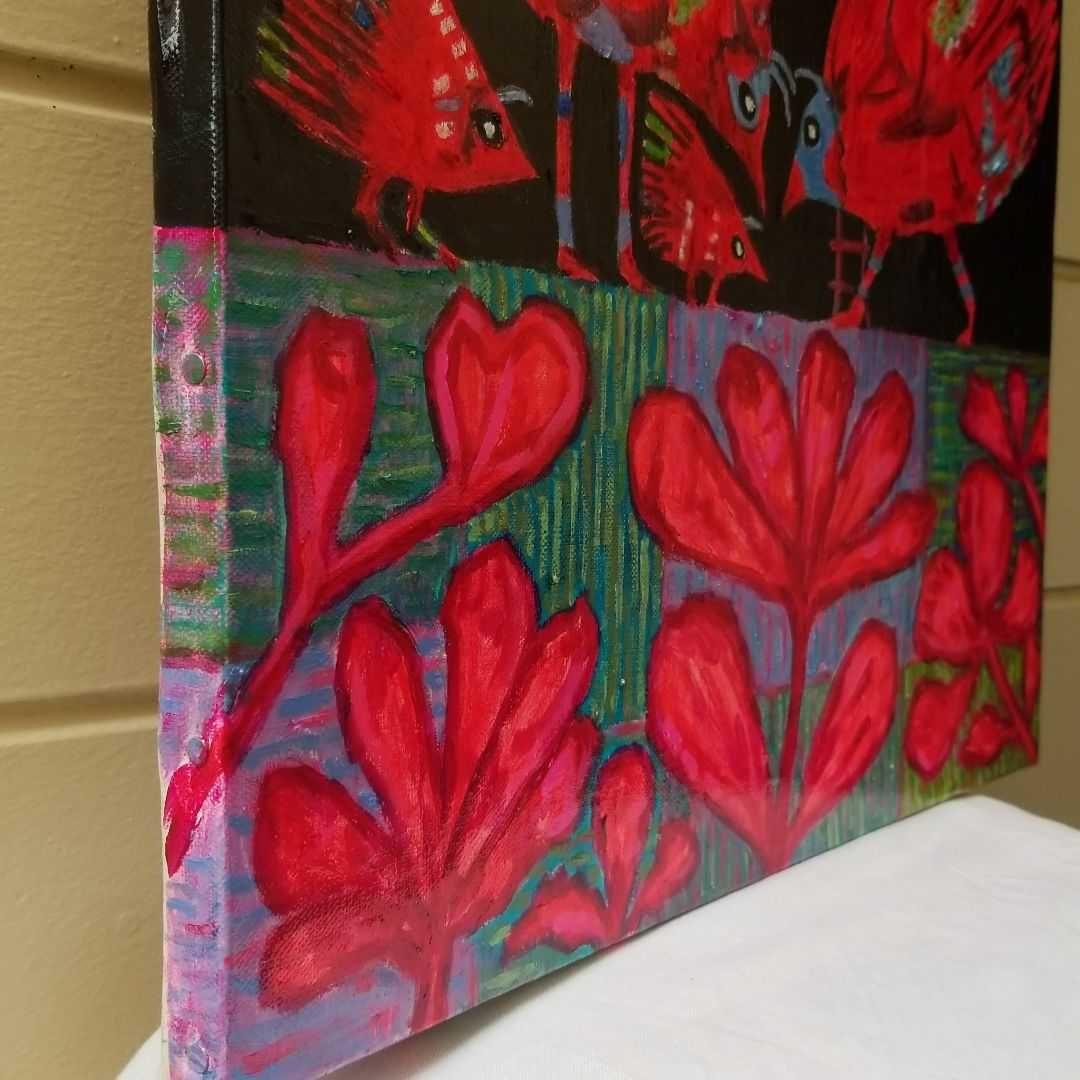 油絵　専用　赤い鳥の家族と赤い花