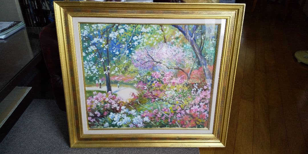 絵画 油絵 ワベ・シゲヨシ 春の花　真作保証　油彩画　桜　スプリング