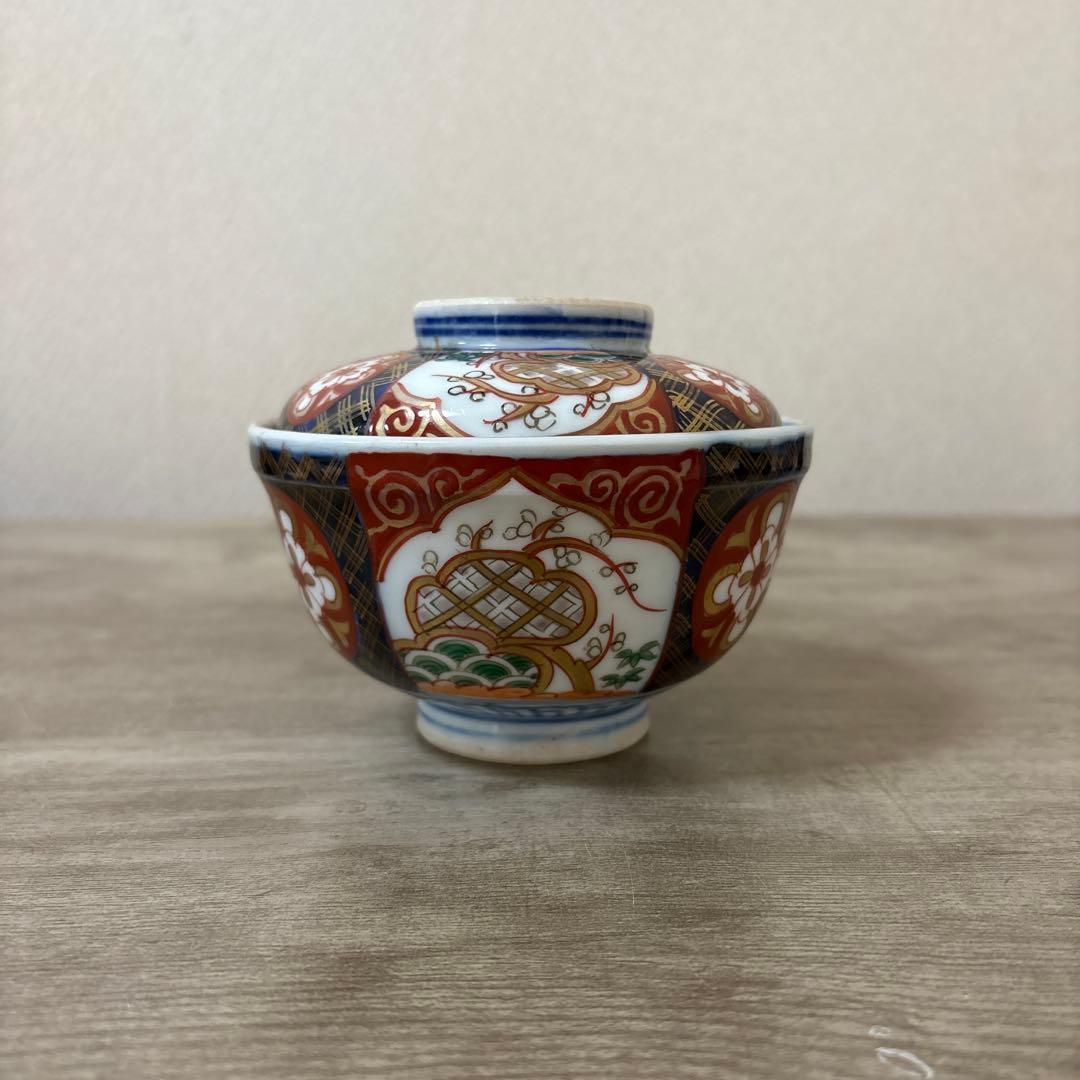 古伊万里　色絵染付間取　金襴手　丼　5客　蓋付碗　アンティーク　骨董　明治〜大正