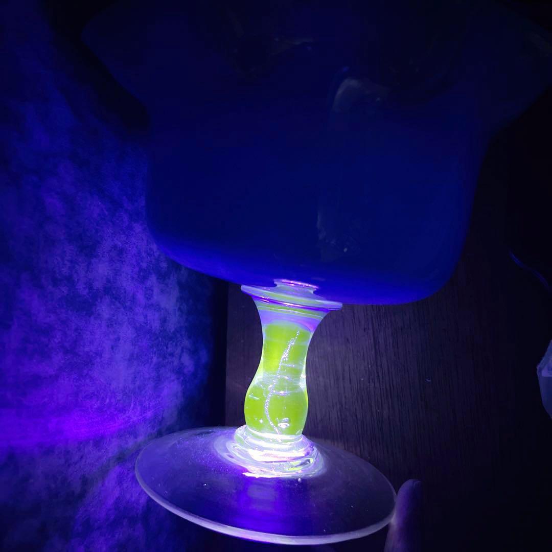 骨董　時代ガラス　希少３色　ピンク色暈し　フリル　盃洗　コンポート　ウラン １客