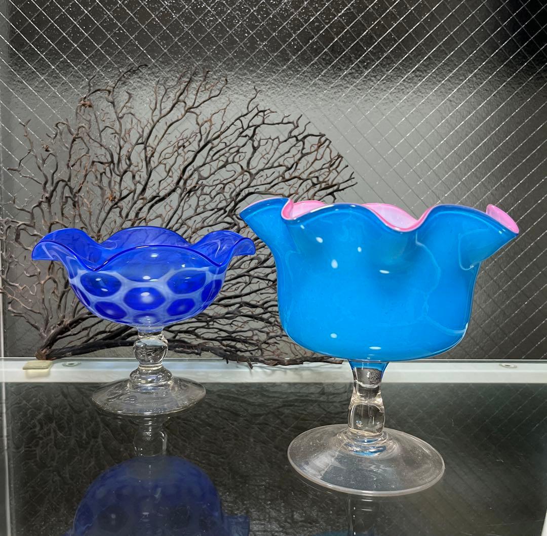 骨董　時代ガラス　希少３色　ピンク色暈し　フリル　盃洗　コンポート　ウラン １客