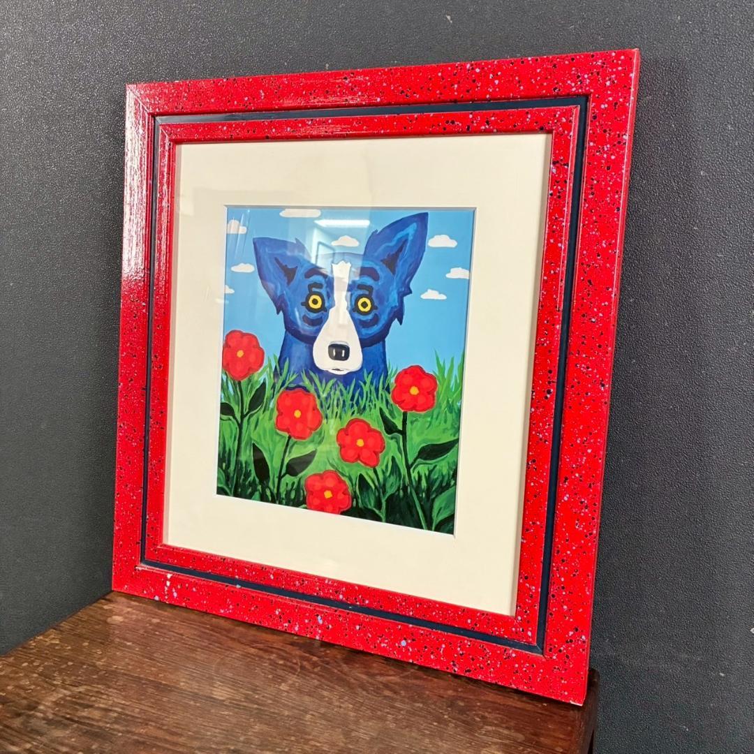 ジョージ・ロドリーゲ「ブルードッグ」額縁入り 幸運の青い犬 可愛い