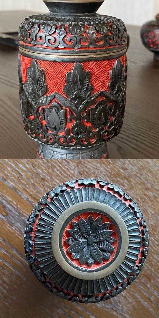 未使用　中国古玩　中国工芸美術品茶器茶道具　堆黒彫漆セット トレー付き