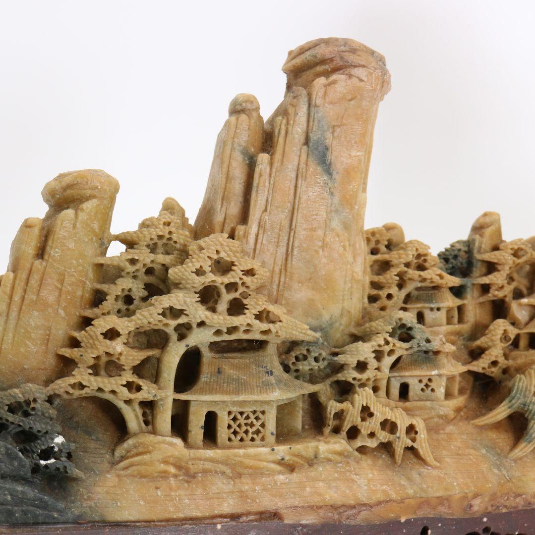 玉石蝋石青田石 楼閣山水雕 中国 床飾 置物　V201