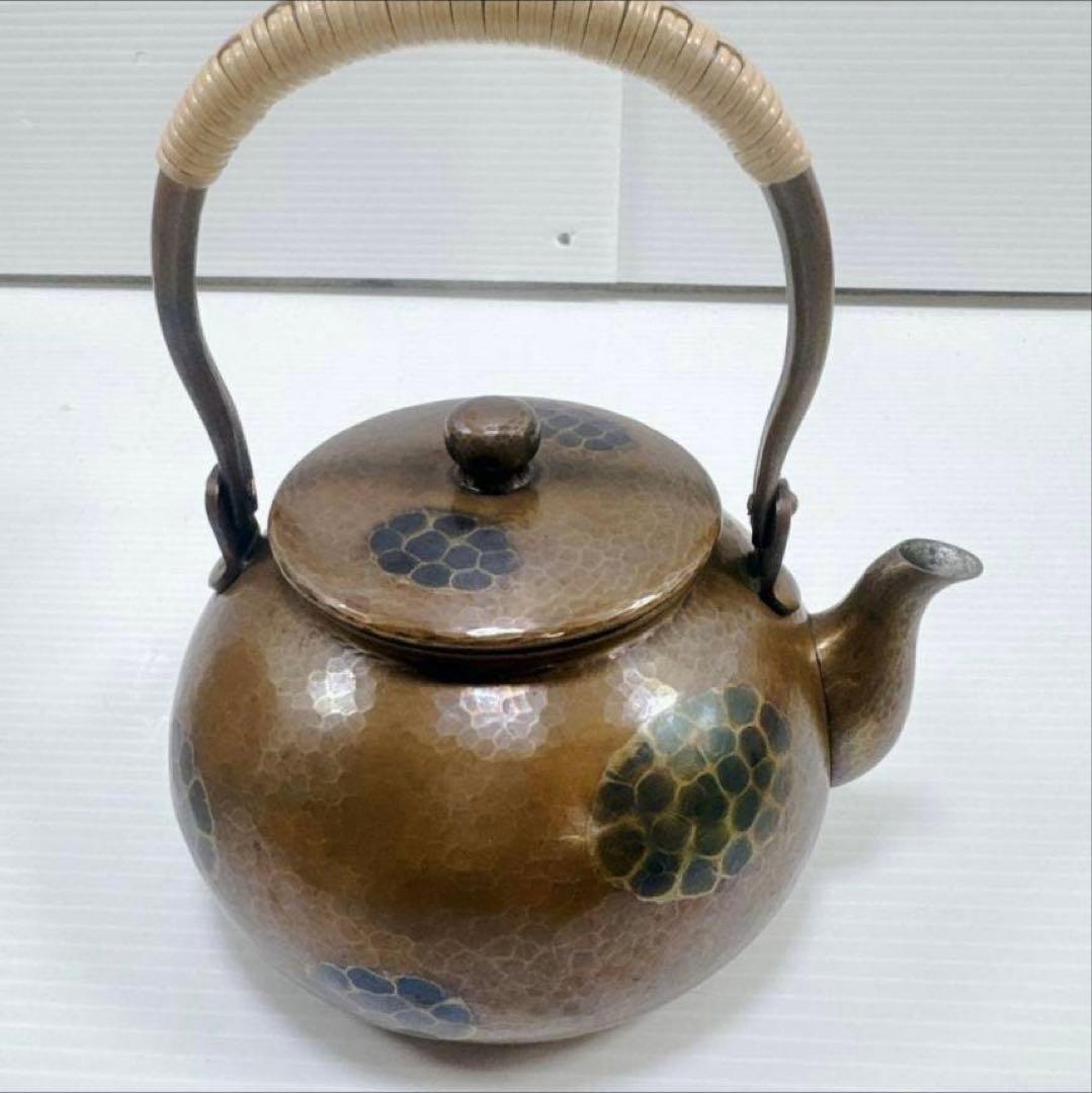 k503 煎茶道具　鎚起銅器　玉川堂造　亀甲文　湯沸　薬缶　銅瓶　共箱