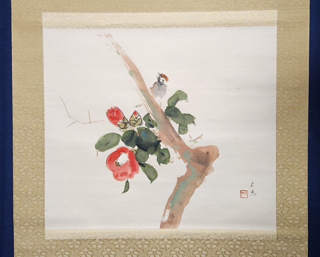 【紅椿図】東原方僊 2650 つばきに雀 共箱 掛け軸　肉筆