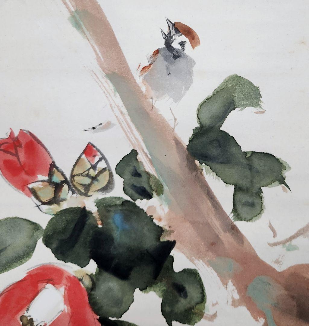 【紅椿図】東原方僊 2650 つばきに雀 共箱 掛け軸　肉筆